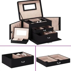 vidaXL Salud Y Belleza-Joyero de 3 niveles con espejo y cerradura 26x18x17,5 cm