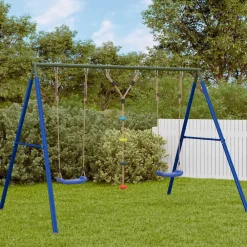 vidaXL Juego de columpios de exterior con columpios y cuerda de discos Azul Best