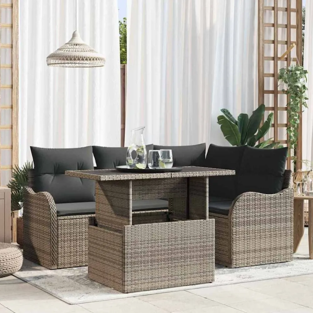 vidaXL Juego de comedor para exteriores con cojín 5 pcs Poliratán Gris Online