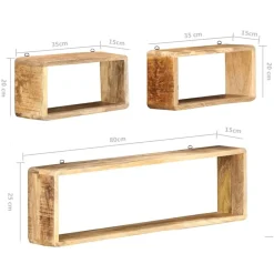 vidaXL Juego de estantes cubo de pared 3 piezas madera maciza de mango Discount