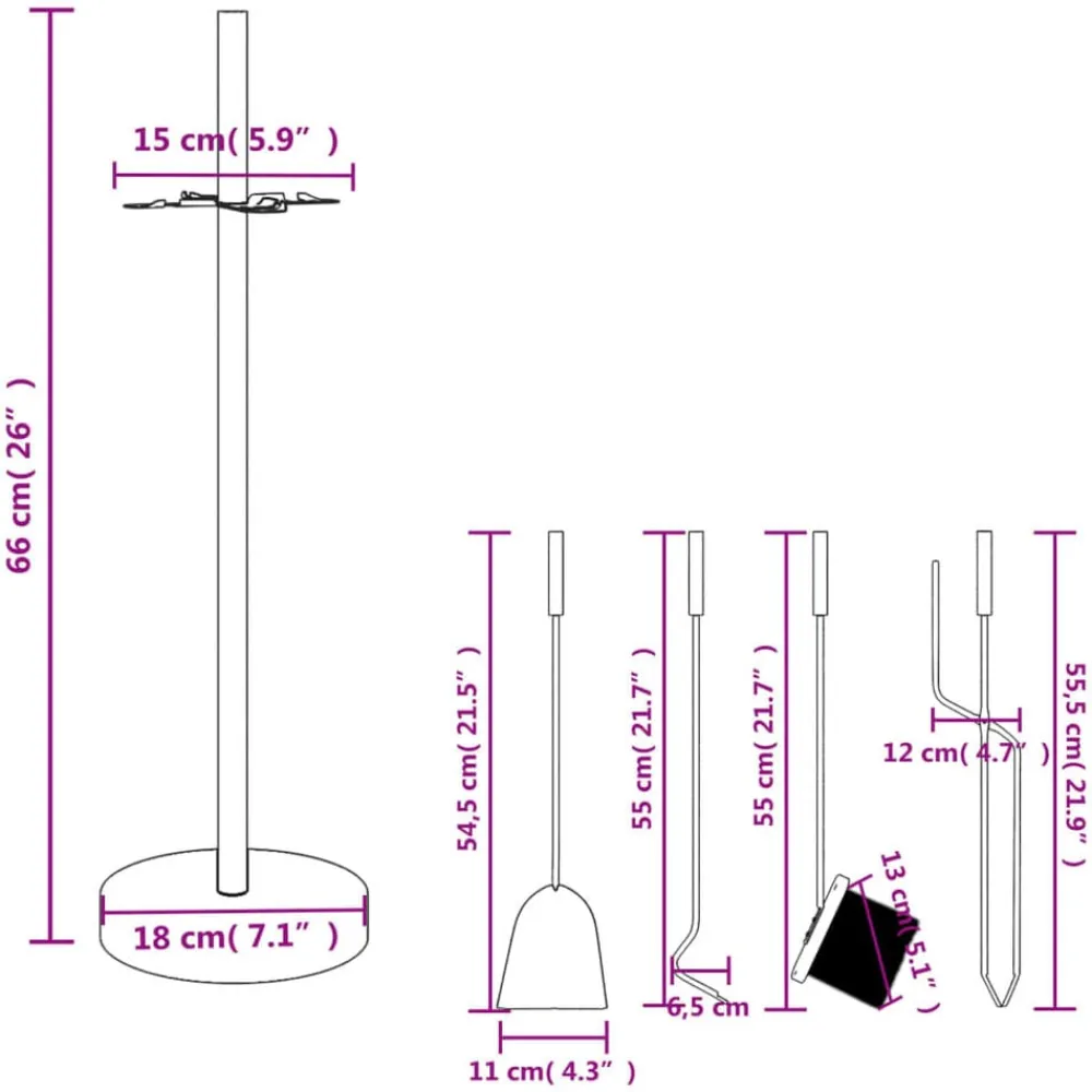 vidaXL Juego de herramientas para chimenea de 5 piezas, 18 x 66 cm, acero New