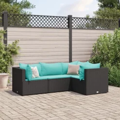 vidaXL Juego de jardín con cojines 4 piezas ratán sintético negro Negro y azul New