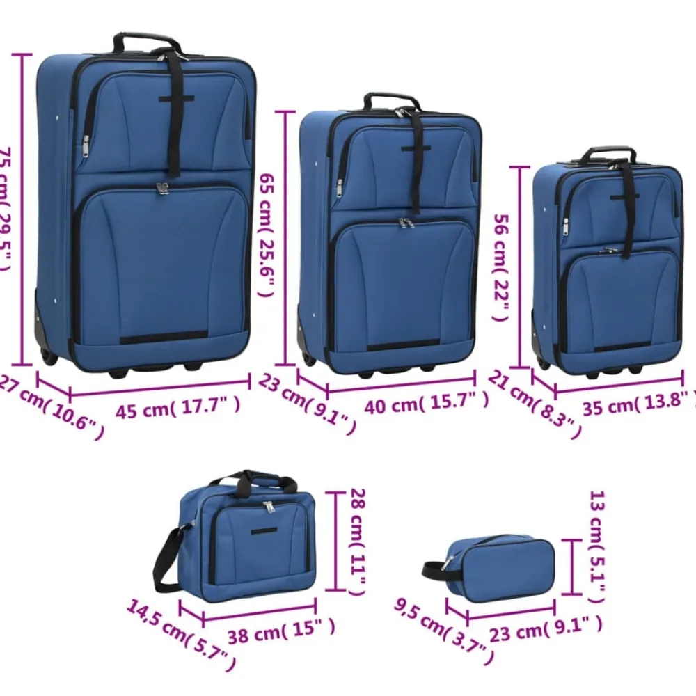 vidaXL Juego de maletas de viaje de 5 piezas tela Azul Clearance