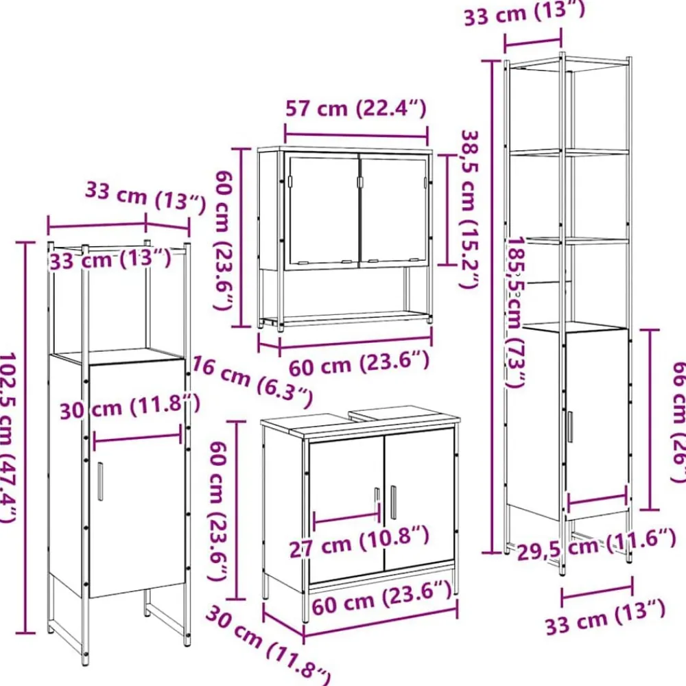 vidaXL Juego de muebles de baño 4 pcs Marrón 33 x 33 x 185.5 cm Madera vieja