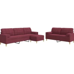 vidaXL Juego de sofá 3 piezas con reposapiés y cojines tela rojo tinto Rojo vino tinto Online