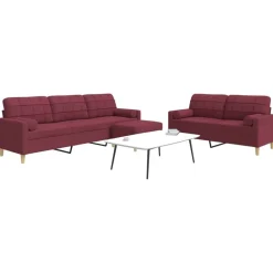 vidaXL Juego de sofá 3 piezas con reposapiés y cojines tela rojo tinto Rojo vino tinto Online