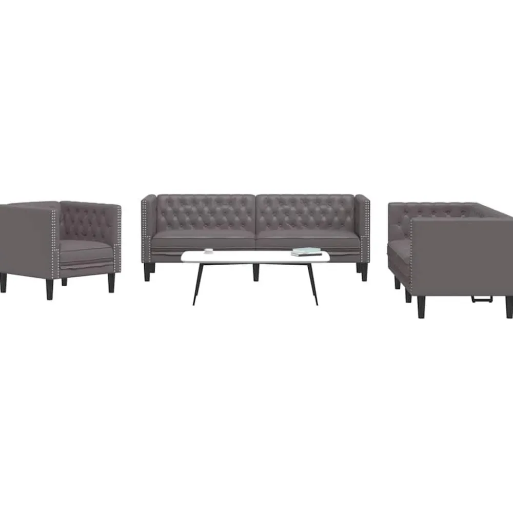vidaXL Juego de sofás Chesterfield 3 piezas cuero sintético Gris Clearance