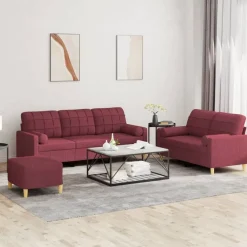 vidaXL Juego de sofás con cojines 3 piezas tela rojo tinto Rojo vino tinto Hot
