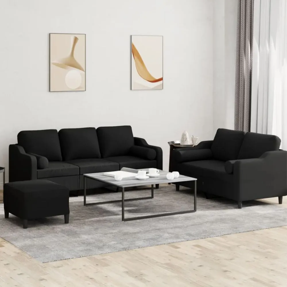 vidaXL Juego de sofás con cojines 3 piezas tela Negro