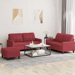 vidaXL Juego de sofás con cojines 3 piezas cuero sintético rojo tinto Rojo vino tinto Discount