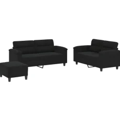 vidaXL Juego de sofás con cojines 3 piezas tela microfibra Negro