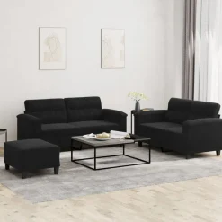 vidaXL Juego de sofás con cojines 3 piezas tela microfibra Negro
