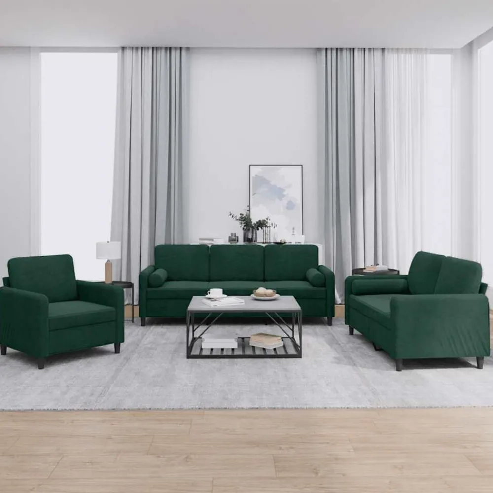 vidaXL Juego de sofás con cojines 3 piezas terciopelo Verde oscuro Online