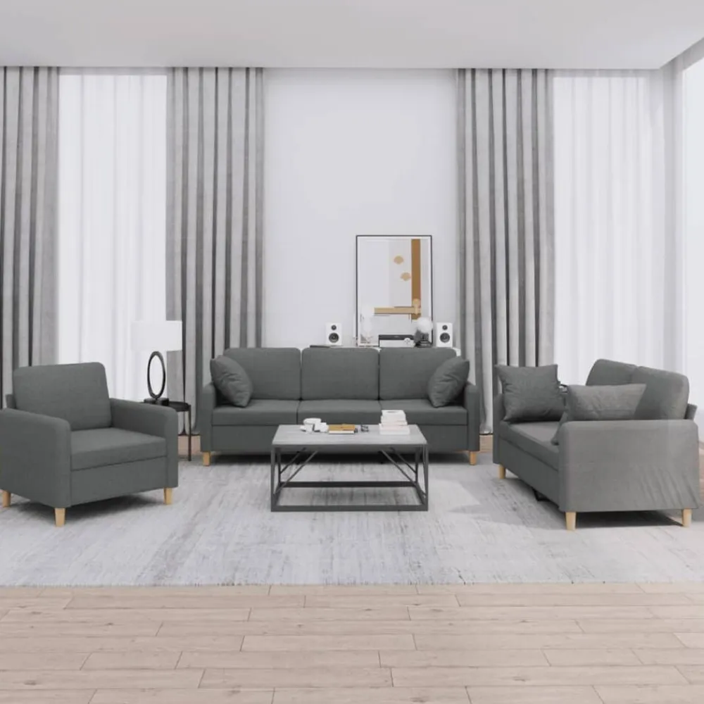 vidaXL Juego de sofás con cojines 3 piezas tela Gris oscuro Discount
