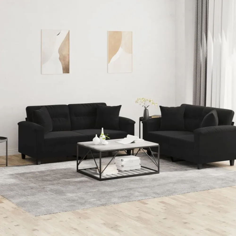 vidaXL Juego de sofás con cojines 2 piezas tela microfibra Negro Clearance