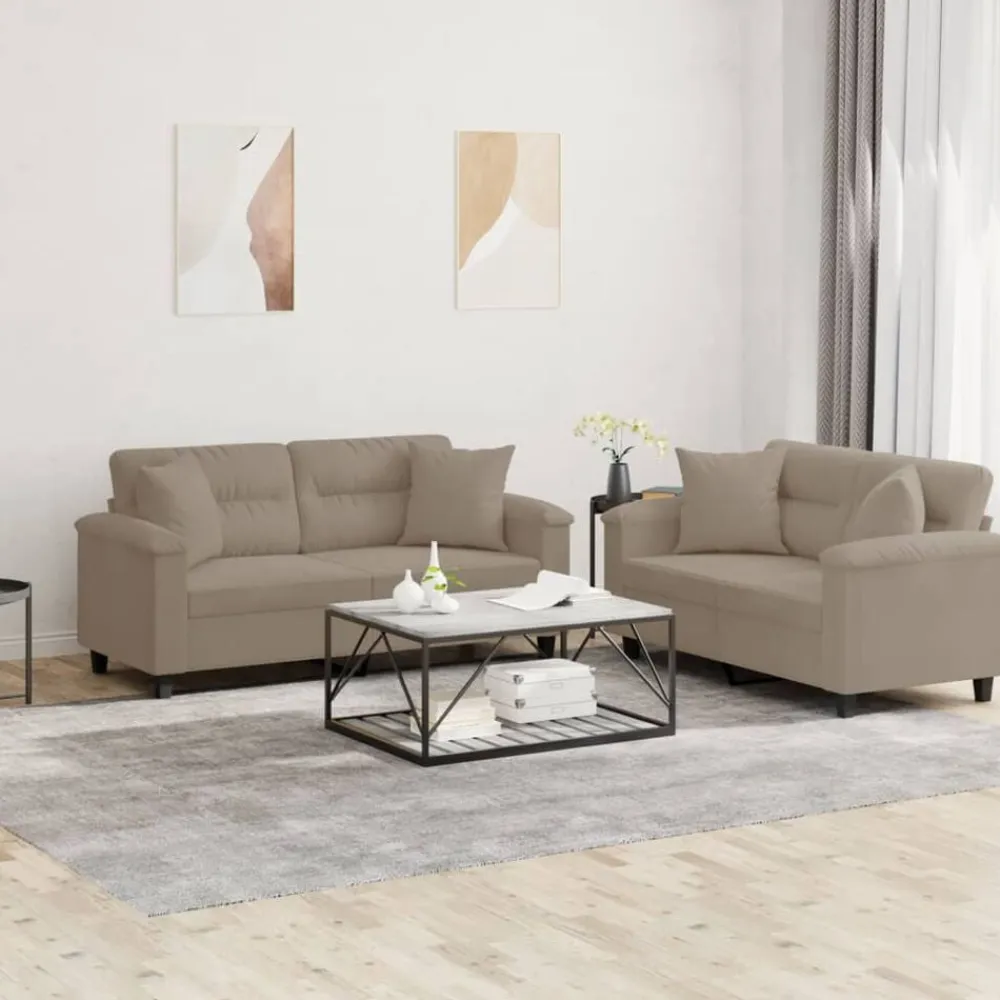 vidaXL Sofás-Juego de sofás con cojines 2 piezas tela microfibra gris taupe