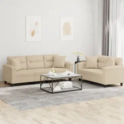vidaXL Juego de sofás con cojines 2 piezas tela microfibra Crema Clearance
