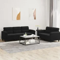 vidaXL Juego de sofás con cojines 2 piezas tela microfibra Negro Outlet
