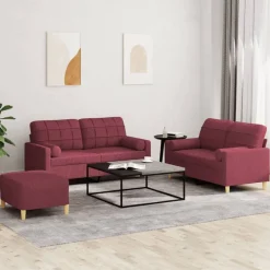 vidaXL Sofás-Juego de sofás con cojines 3 piezas tela rojo tinto