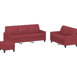 vidaXL Sofás-Juego de sofás con cojines 3 piezas cuero sintético rojo tinto