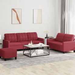 vidaXL Sofás-Juego de sofás con cojines 3 piezas cuero sintético rojo tinto