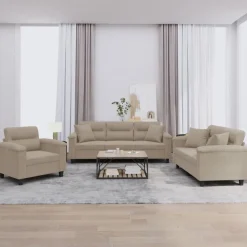 vidaXL Sofás-Juego de sofás con cojines 3 piezas tela microfibra gris taupe