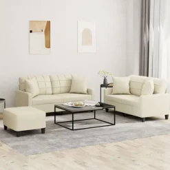 vidaXL Juego de sofás con cojines 3 piezas cuero sintético color Crema Clearance
