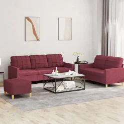 vidaXL Juego de sofás con cojines 3 piezas tela rojo tinto Rojo vino tinto Discount