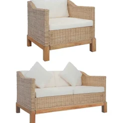 vidaXL Juego de sofás de 2 piezas con cojines de ratán natural Sale
