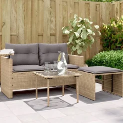 vidaXL Muebles De Jardín-Juego de sofás de jardín con cojines beige 3 pzas ratán PE