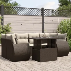 vidaXL Juego de sofás de jardín 7 piezas con cojines ratán PE marrón Marr&oacute;n y crema New