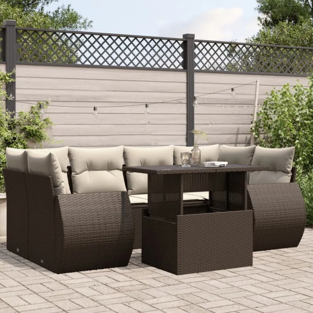 vidaXL Juego de sofás de jardín 7 piezas con cojines ratán PE marrón Marrón y crema New