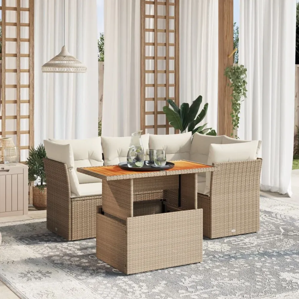 vidaXL Muebles De Jardín-Juego de sofás jardín con cojines 5 pzas ratán sintético beige