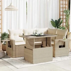 vidaXL Juego de sofás jardín con cojines 5 pzas ratán sintético beige beige y crema Clearance