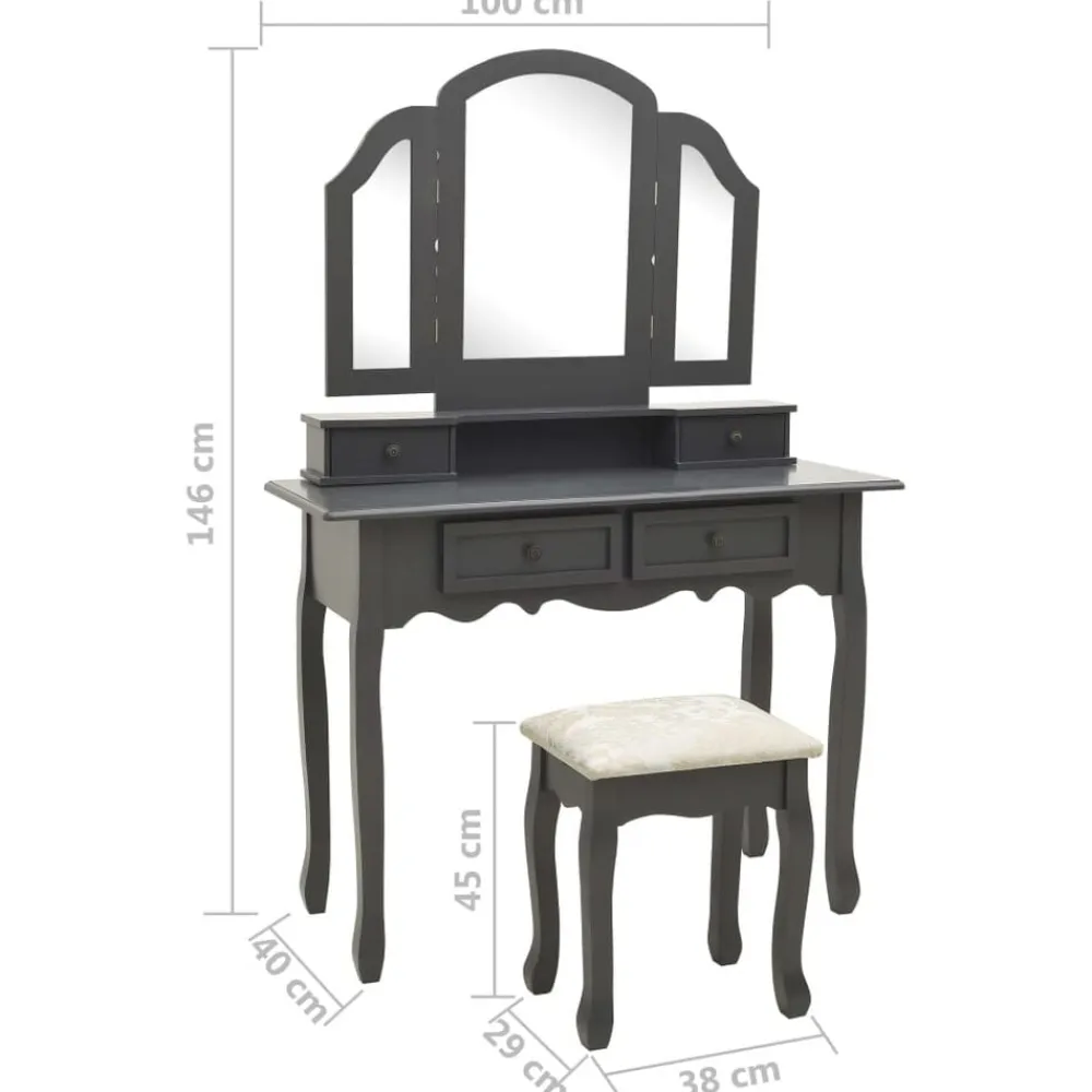 vidaXL Armarios Y Almacenamiento-Juego de tocador y taburete madera paulownia 100x40x146cm