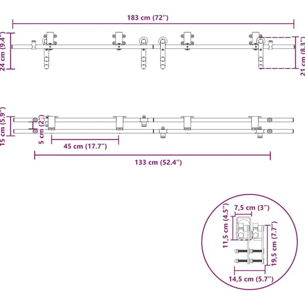 vidaXL Materiales De Construcción-Kit de herrajes para puerta corredera 183 cm acero plateado