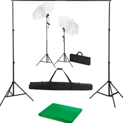 vidaXL Kit estudio fotográfico con telón de fondo, lámparas y paraguas Verde Online