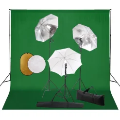vidaXL Kit estudio fotográfico lámparas, sombrillas, fondo y reflector Verde