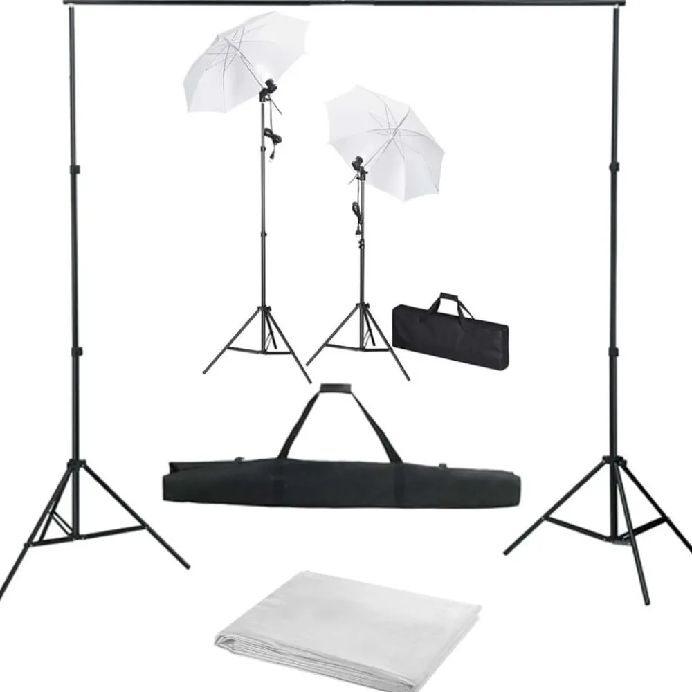 vidaXL Cámaras Y Objetivos-Kit estudio fotográfico con telón de fondo, lámparas y paraguas