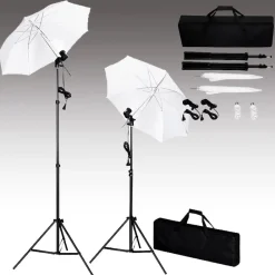vidaXL Cámaras Y Objetivos-Kit estudio fotográfico con telón de fondo, lámparas y paraguas