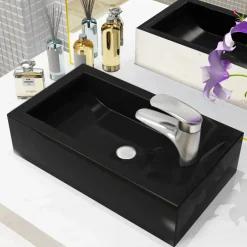 vidaXL Lavabo con agujero grifo rectangular cerámica 46x25,5x12 Negro Clearance