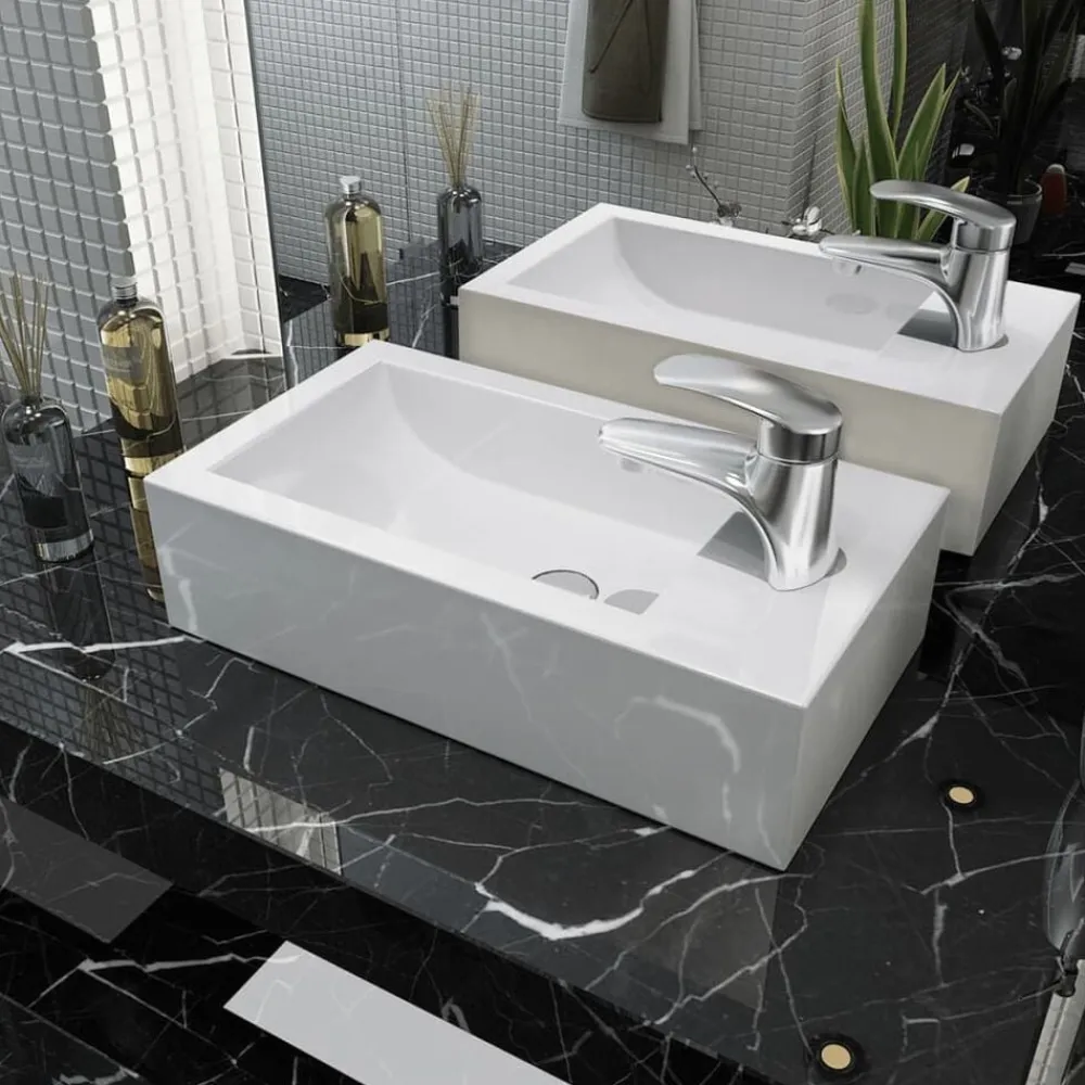vidaXL Lavabo con agujero grifo rectangular cerámica 46x25,5x12 Blanco Clearance