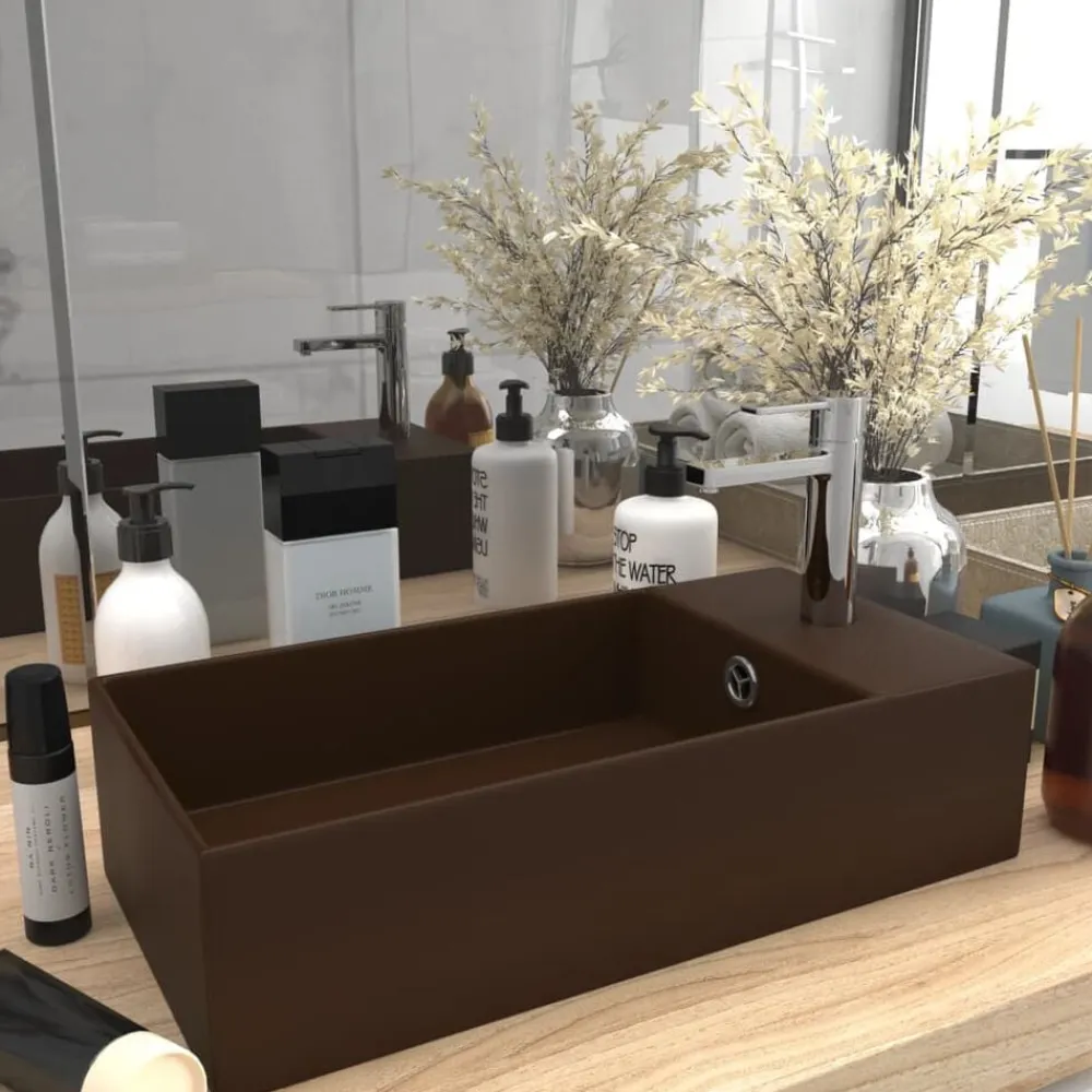 vidaXL Lavabo con rebosadero cerámica marrón oscuro Marrón oscuro Clearance
