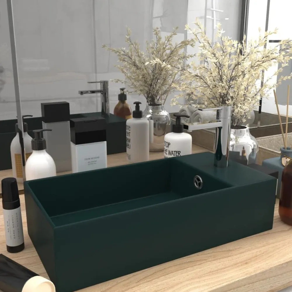 vidaXL Lavabo con rebosadero cerámica Verde oscuro Clearance