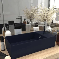 vidaXL Lavabo con rebosadero cerámica Azul oscuro Online