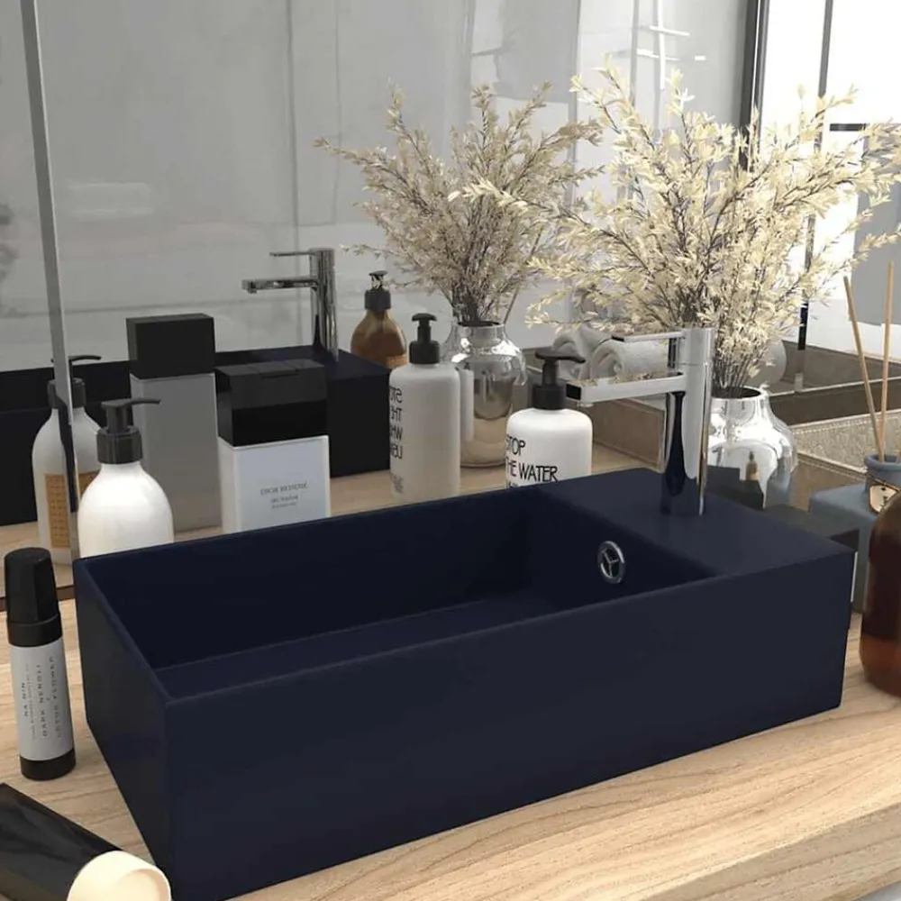 vidaXL Lavabo con rebosadero cerámica Azul oscuro Online