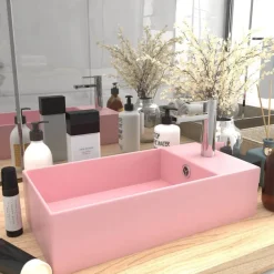 vidaXL Lavabo con rebosadero cerámica mate Rosa New