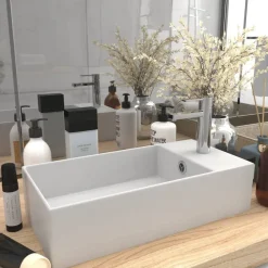 vidaXL Lavabo con rebosadero cerámica Blanco mate New