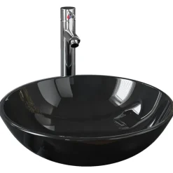 vidaXL Lavabo de baño grifo y desagüe de empuje vidrio templado negro Hot