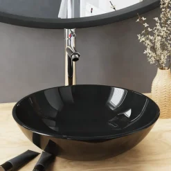 vidaXL Lavabo de baño grifo y desagüe de empuje vidrio templado negro Hot